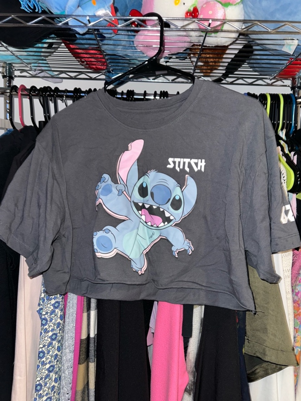 Disney Gray Cropped Stitch Tee with Blue Graphic